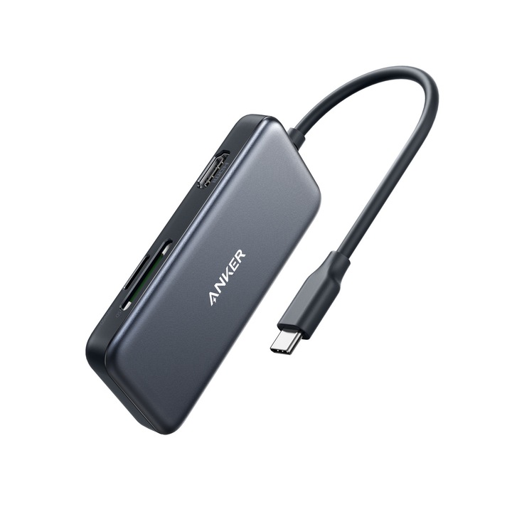 Хъб Anker PowerExpand, 5-in-1, 4K HDMI, 100W, USB-C, 2xUSB-A, microSD, SD Четец на карти, Черен