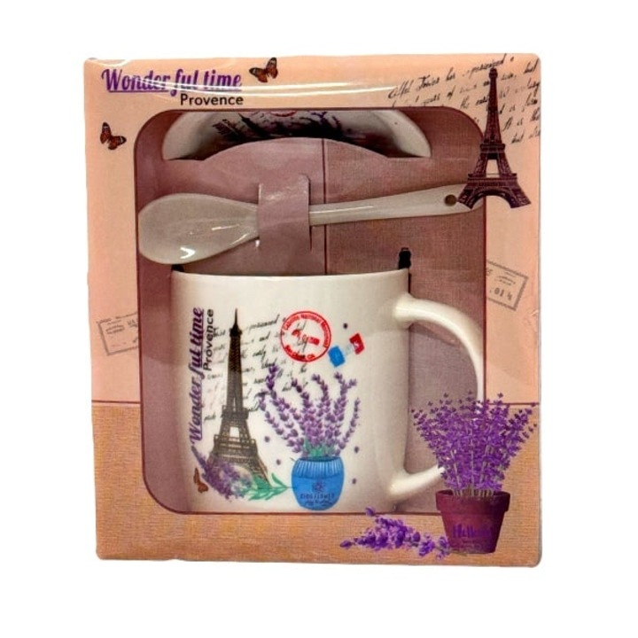 Set cana din ceramica si lingurita, Provence, ambalata in punga cadou asortata, cu fereastra, 200ml, Velve