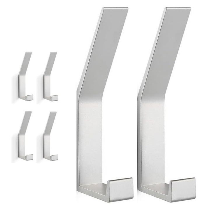 Set de 6 carlige, carlige din aluminiu, carlige multifunctionale superioare si inferioare, fixare ascunsa cu surub, carlig de strat, argintiu