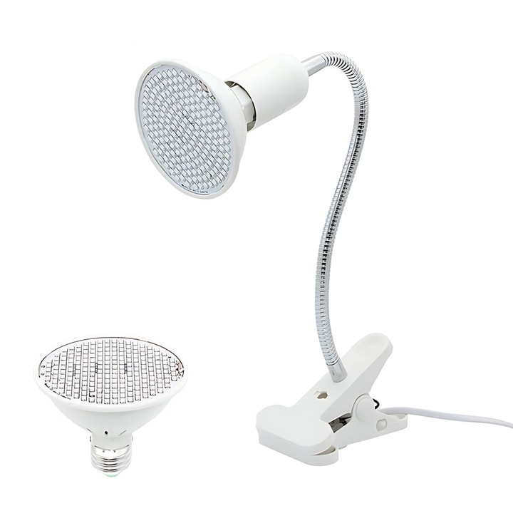 Lampa pentru Cresterea Plantelor Teno®, de interior, lumina UV, 200 LED-uri, 2 culori, rosu/ mov, functie de eliberare a caldurii, prindere cu clips, cablu lung, 46 x 11.5 x 9.2 cm, alb