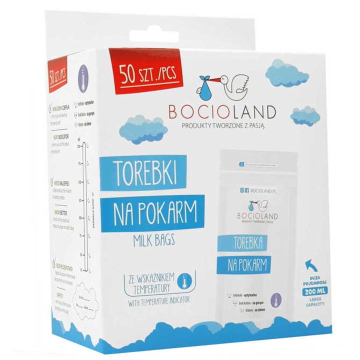 Pungi pentru stocarea si congelarea laptelui matern Bocioland, 200ml, set 50 bucati, steril, cu indicator de temperatura