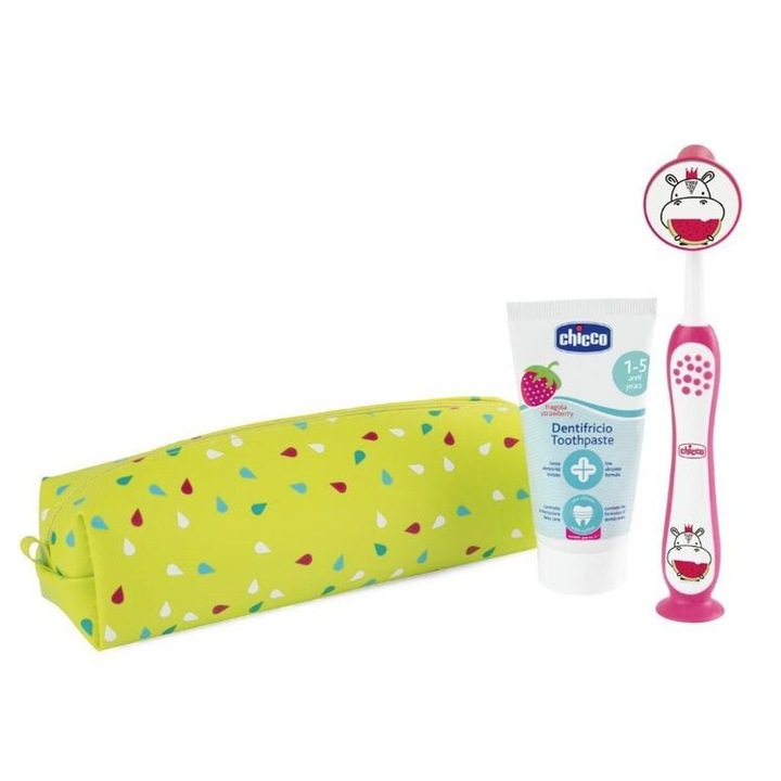 Set de igiena orala Chicco, etui calatorie, pasta de dinti cu aroma de capsuni, periuta cu fire moi, 3-6 ani