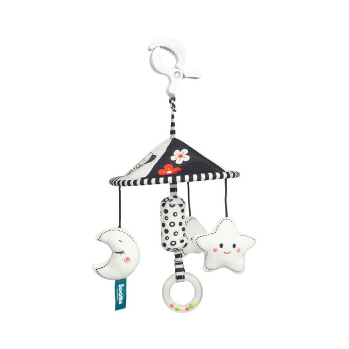 Carusel pentru carucior, Sensillo, negru si alb, 4 jucarii senzoriale, montaj universal