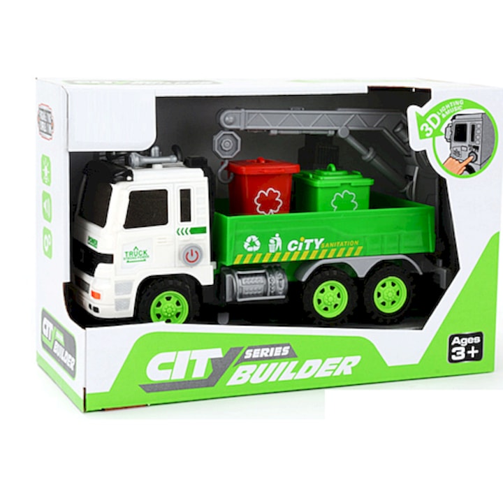 Camion de gunoi cu macara, interactiv, lumini si sunete, set cu 2 containere, 23x10x15,5cm