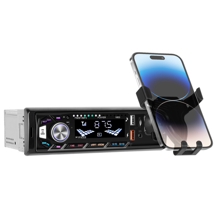 Автомобилен касетофон mp3 плейър със сменяем държач за телефон MaxTech®, Нов модел, Bluetooth 5.0, USB, CardSD, Auxiliary, RCA, FM радио, Бързо зареждане, Handsfree, 7 цвята