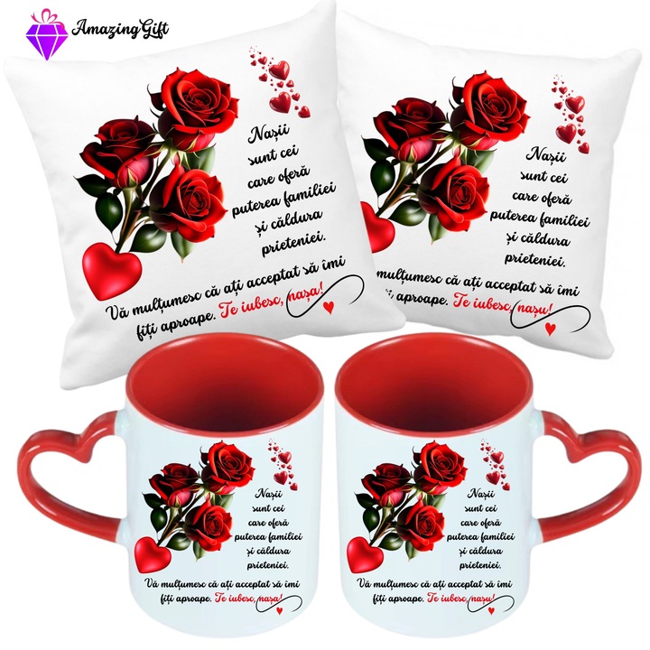Set cadou pentru nasi, compus din 2 perne personalizate, cu huse detasabile, cu fermoar, 40x40 cm si 2 cani personalizate, albe cu interior de culoare rosie si maner in forma de inima, 330 ml, din partea finului/finei