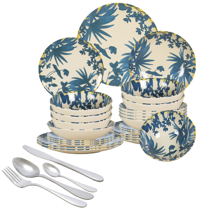 Set farfurii, 48 piese, 6 persoane, Ivoire cu frunze albastre