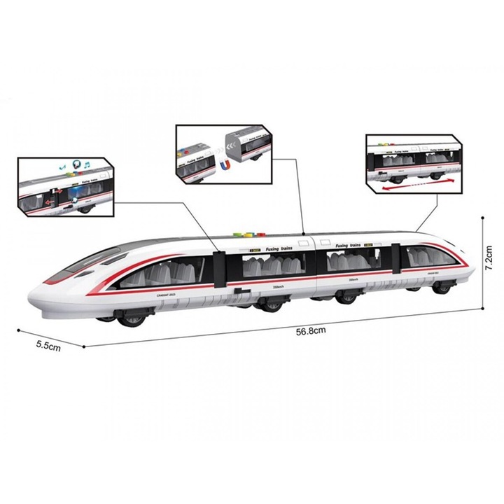 Játékvonat, MADEJ, nyitott ajtókkal, fénnyel, hanggal