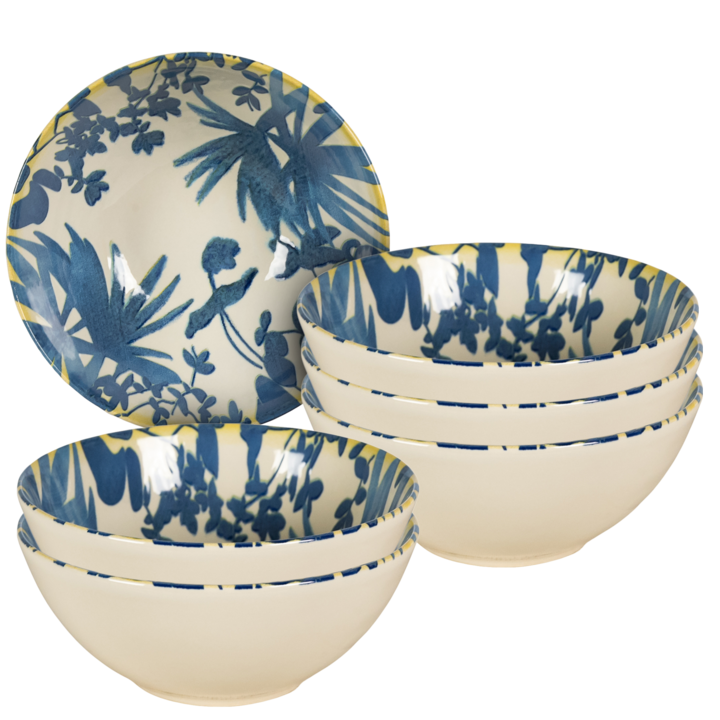Set 6 boluri, 600 ml, Ivoire cu frunze albastre inchis