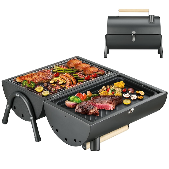 Gratar de gradina portabil LYCENXI, gratar cu carbune cu 2 zone de gatire, negru, 42x28cm, 3kg