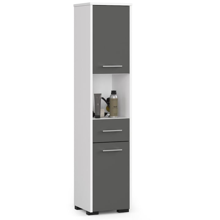 Dulap baie tip coloana cu 2 usi, 1 sertar si rafturi interioare, PAL laminat, 30x30x140 cm, alb si gri