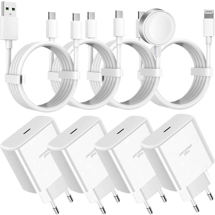 Set 4 incarcatoare telefoane, 45W, USB C, Incarcare rapida, alb