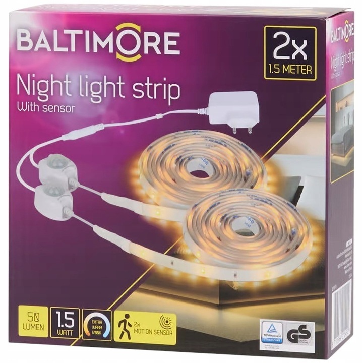 Banda LED Baltimore, 1.5m, 2 bucati, 50 lm, alb cald, cu senzori de miscare