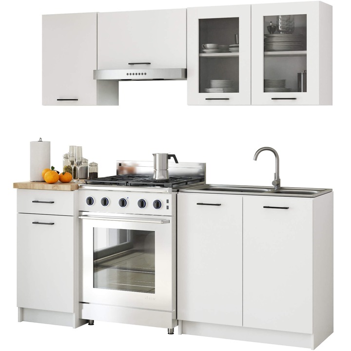 Set de mobilier bucatarie OLIWIA, 1.8m, alb, blat stejar sonoma, 16mm, cu vitrina