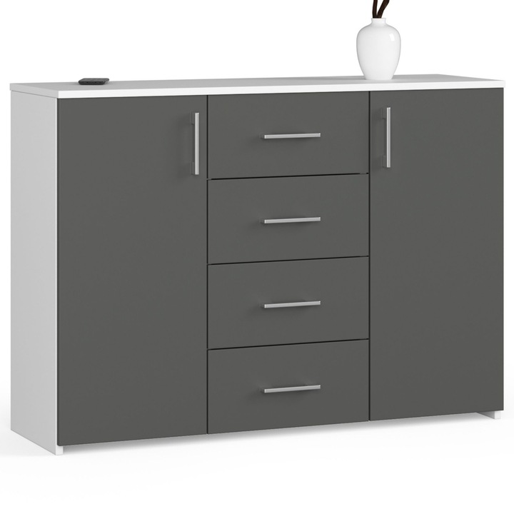 Скрин Akord Furniture Factory, ПДЧ, 4 чекмеджета и 4 рафта, Сиво/бяло