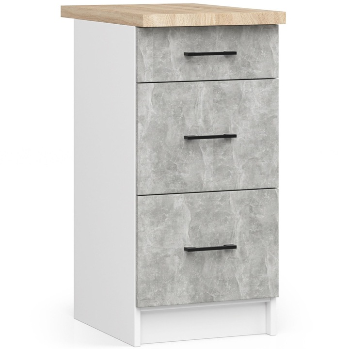 Dulap bucatarie Akord Furniture Factory OLIWIA S40 SZ3, alb/beton, 3 sertare, blat 40x60cm