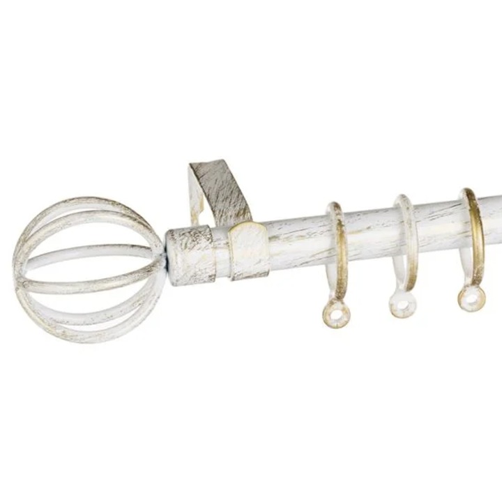Galerie pentru perdele, Extensibila, CXN, Metalica, Alb, Sfera 110-210cm, diametru de 16-19mm, 2 margini, 2 suporturi, 2 suruburi, 4 dibluri pentru montare si 20 de carlige de plastic