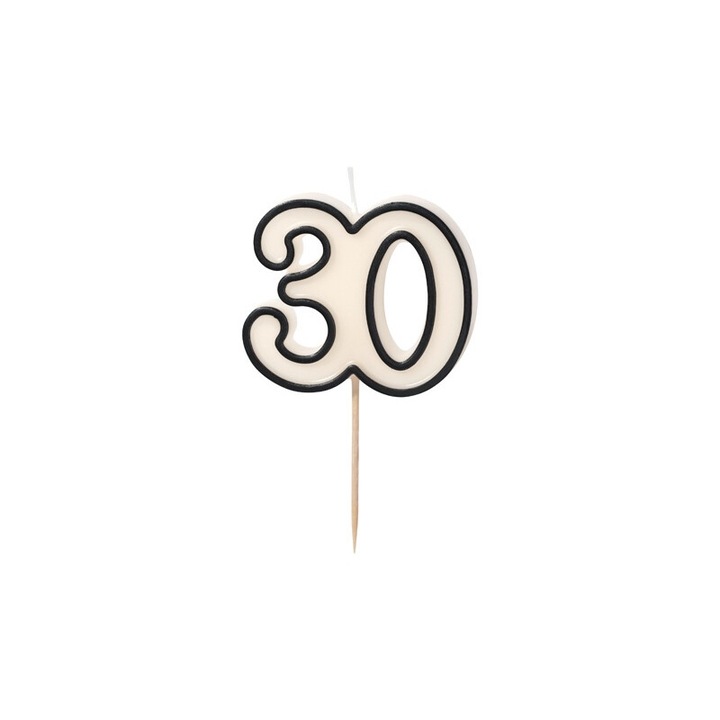 Свещ за рожден ден "30", PartyDeco, черно и бяло, 5.5 см