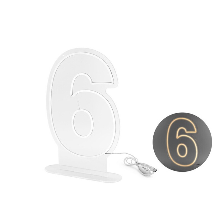 LED-Neonlicht, PartyDeco, cifra 6, alb, 50cm, cu suport si prindere de perete
