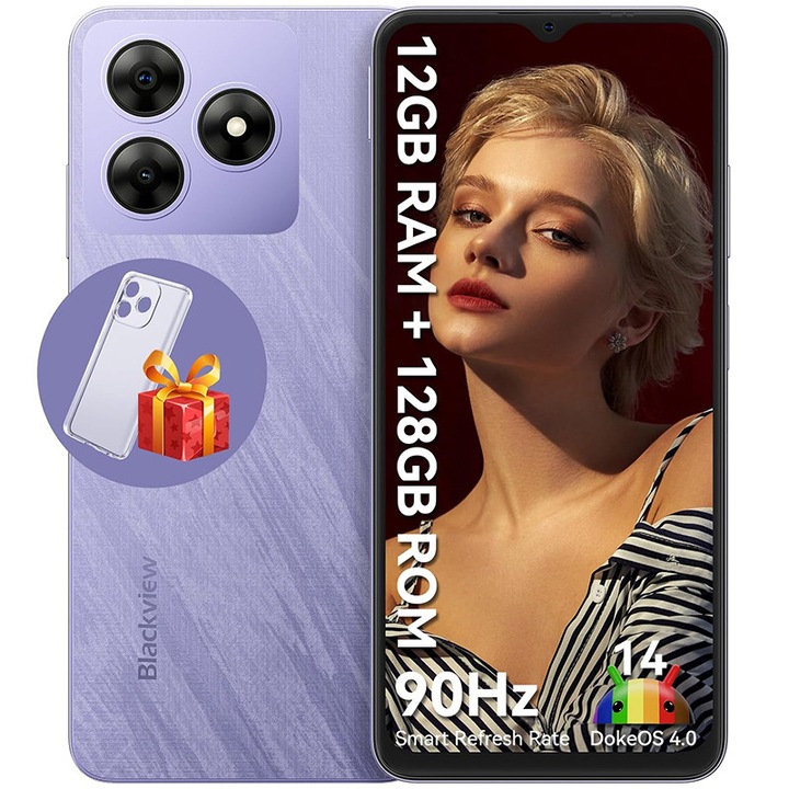 Telefon mobil Blackview WAVE 8, 4G, 6.56" HD+, 4G Octa-Core, 13MP+8MP AI Camera 5000mAh/10W Cell Phone, 12GB Ram(4GB + 8GB / 2TB), 128GB Rom, Android 15, 5000mAh, GPS/Fingerprint/Face ID, Violet