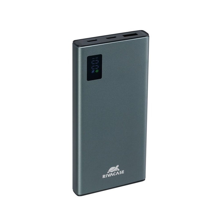 RivaCase Rivapower VA1021 10000mAh Power Bank, fémház, LCD kijelző, PD 20W, QC3.0, bemenet: USB-C, kimenetek: 1x * USB-A 2 * USB-C, sötétszürke