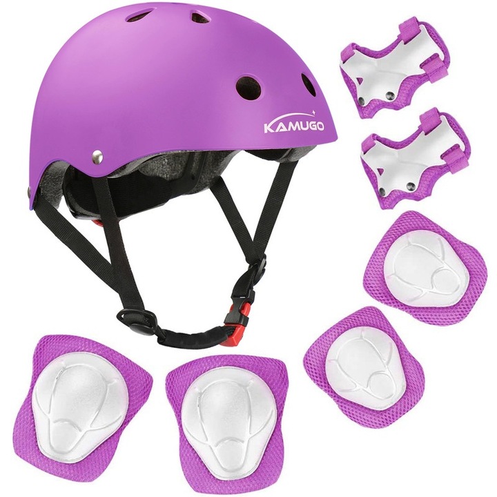 Set protectie pentru copii 7 in 1, casca reglabila, genunchiere, cotiere, aparatori incheieturi, violet, 2-8 ani, 48-54cm