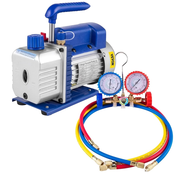 Вакуум помпа, 3CFM, 1/4HP, с манометри, гумени маркучи, чанта, комплект