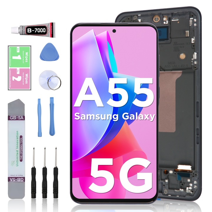 Дисплей LCD съвместим със Samsung A55 5G, сензорен екран, LL TRADER, смяна на екрана, високо качество, с рамка, черен, с инструменти за ремонт