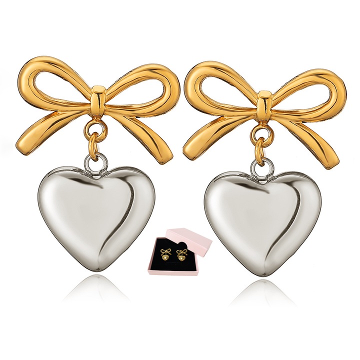Дамски обеци, позлатени с 18-каратово злато, сребро 925, форма на прасковено сърце, снабдени с кутия за бижута и антиоксидационна торбичка, цвят злато и сребро