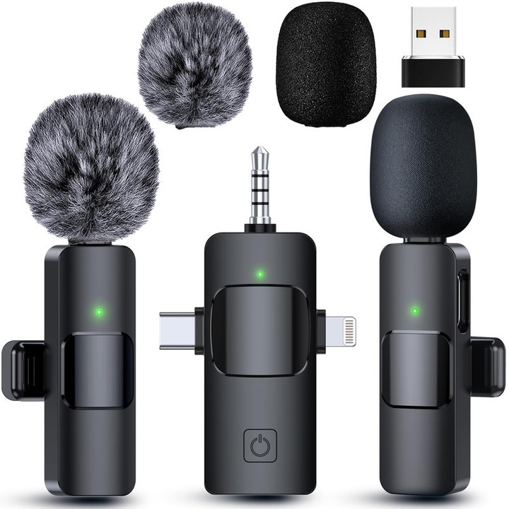 Set 2 Microfoane KUMAIGO Lavaliera Profesionala Wireless, Reducere Zgomot, Portabil, 8 ore autonomie, Plug and Play, Microfoane Wireless compatibil iPhone, iPad, laptop, Microfoane Ideal pentru Vlog, Interviuri, YouTube, TikTok,, Negru
