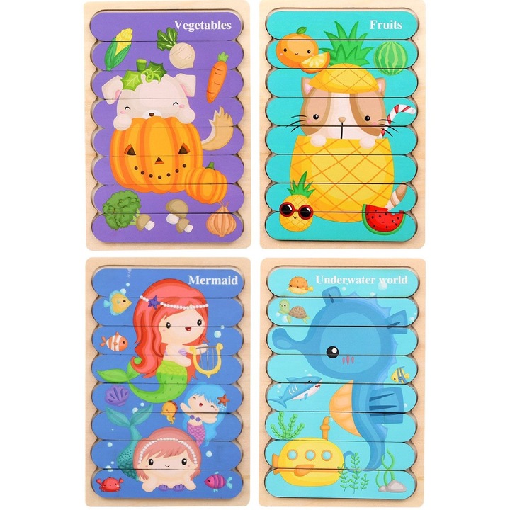 Комплект от 2 пъзела за деца, двустранен модел, дърво, креативни пъзели, син