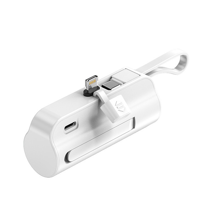 Мини външна батерия, 5000 mAh, преносима външна батерия, бързо зареждане, Lightning интерфейс, бяла