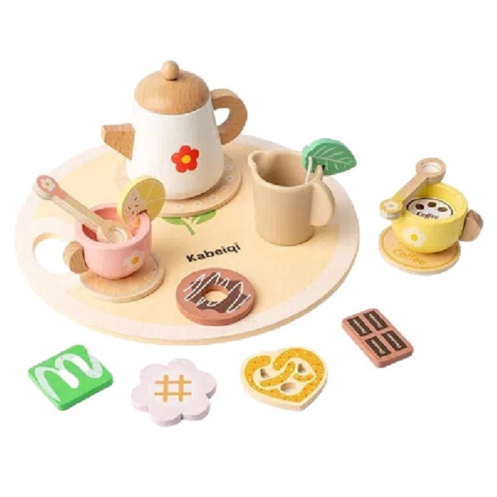 Set jucarii pentru Bakery Playset, ceai de dupa-amiaza, 19 accesorii, lemn, bej