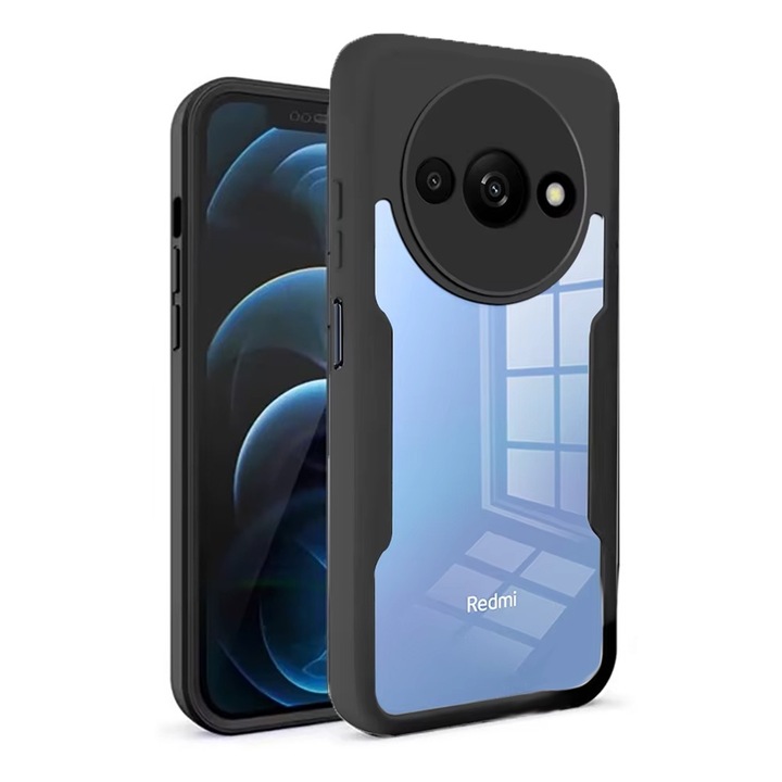 360 fokos tok kompatibilis a Xiaomi Redmi A3 / Redmi A3x készülékkel, Kijelzővédő fóliával, Ütésálló, Sárgásgátló, Karcmentes, Tartós, 3 mm-rel megemelt élek, Fekete/Átlátszó