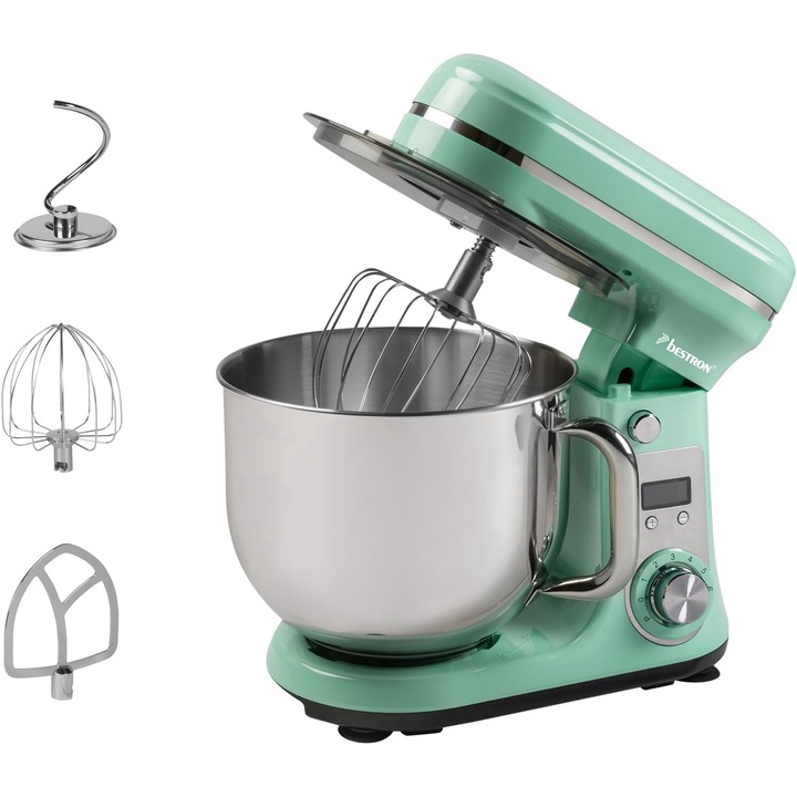 Robot de bucatarie Bestron Sweet Dreams, 800 W, capacitate 6 L, 3 accesorii, viteza ajustabila, inox, Turcoaz