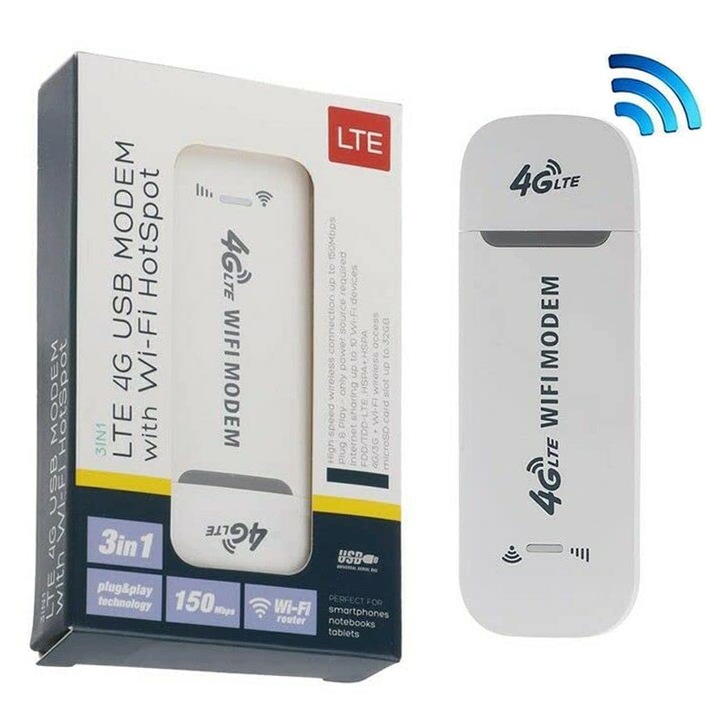 4G WiFi USB модем, USB, 3G/4G съвместим, преносим, за лаптоп/компютър, използване вкъщи/хотел/кола, 150Mbps, поддръжка на B1/B3/B5, SIM слот, 150x50x40 mm, бял