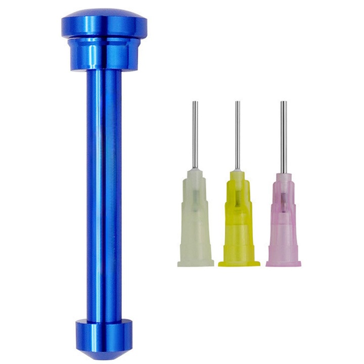 Dozator seringa flux, Hggzeg, Colofoniu siringa, Design ergonomic, Cu 3 varfuri de ac pentru inlocuire, Amovibil, Pentru pastei de lipit si a fluxului, Tija de impingere din aliaj de aluminiu, 79.7*13mm, Albastru