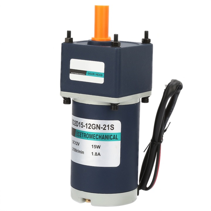 Motor electric cu magnet permanent 12V, 15W, 1800/2100RPM, cu angrenaj de reducere, Enforose, 60x60x130mm