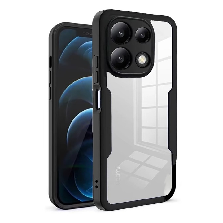 360 градусов калъф, съвместим с Xiaomi Redmi Note 13 4G, с включен протектор за екрана, удароустойчив, против пожълтяване, против надраскване, издръжлив, 3 mm повдигнати ръбове, черен/прозрачен