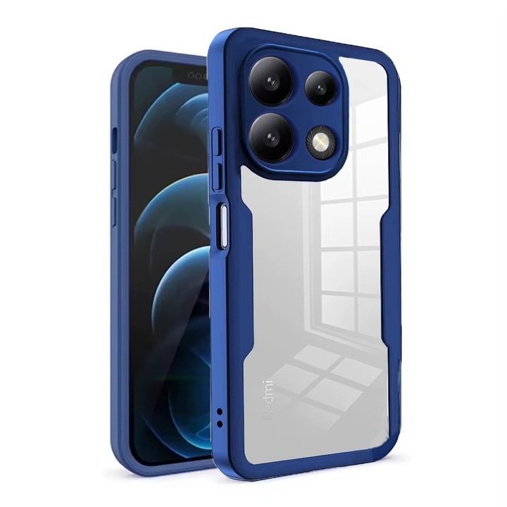 360 градусов калъф, съвместим с Xiaomi Redmi Note 13 Pro 5G, с включен протектор за екрана, удароустойчив, против пожълтяване, против надраскване, издръжлив, 3 mm повдигнати ръбове, син/прозрачен