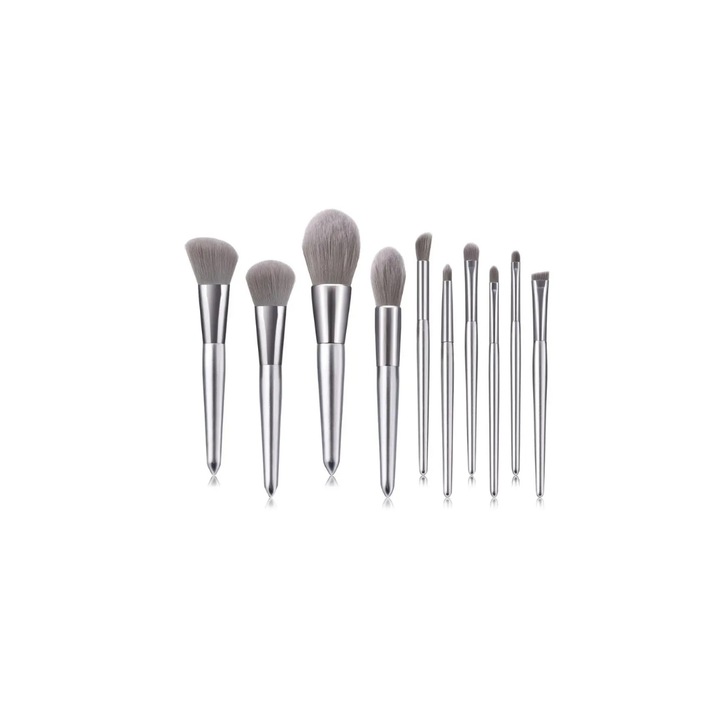 Set 10 pensule machiaj, cu insertie metalica, Argintiu