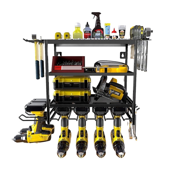 Suport metalic multifunctional pentru scule, awwaline, negru, prindere pe perete, compact si rezistent, depozitare surubelnite electrice, bormasina, chei, 63.5 x 43.5 x 24.5 cm