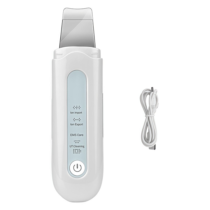 Ultrahangos arctisztító készülék, carrlinechoo® ultrahangos tisztító, ionos készülék, mitesszer eltávolítás, hidratálás, bőrradír, peeling, bőrtisztítás, ránctalanítás, öregedésgátlás, akkumulátor, fehér