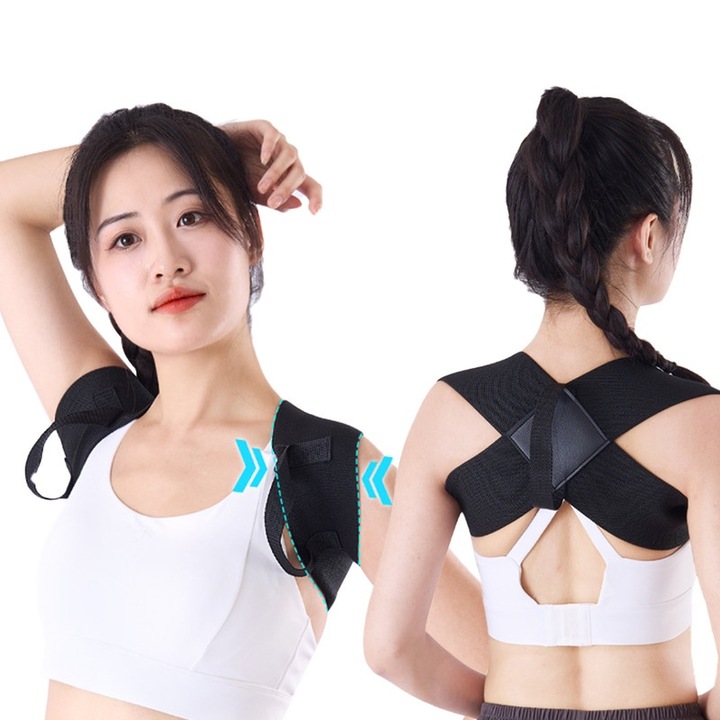 Corector de postura pentru indreptare spate, coloana, umeri si clavicula, suport ortopedic, marime reglabila, bretele ajustabile, ham suport pentru spate drept, unisex, material textil, negr-M