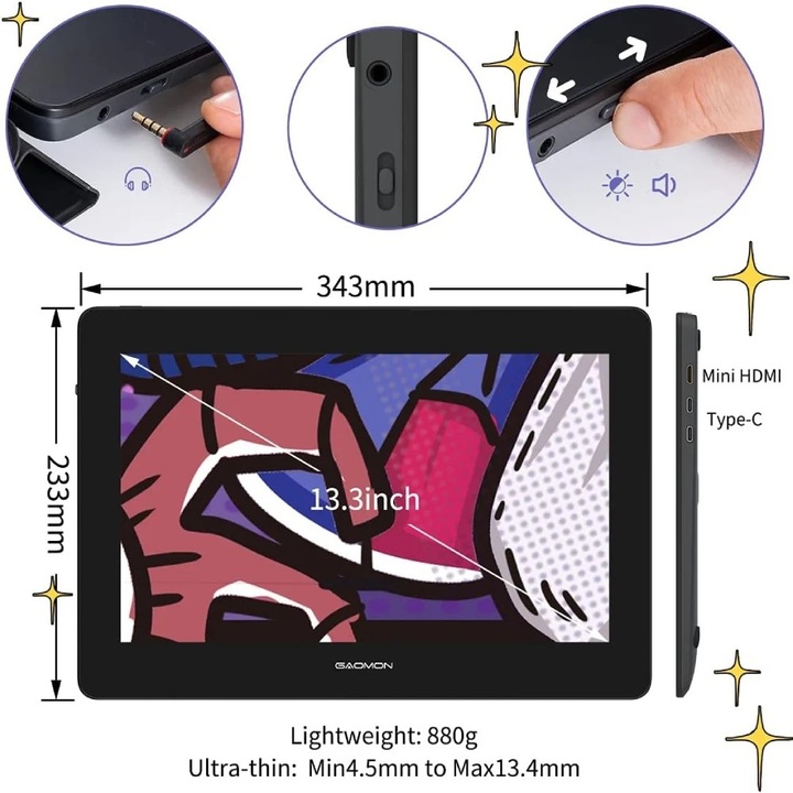 Tableta grafica digitala, 13.3 inch, rezolutie Full HD, 8192 niveluri de sensibilitate a stiloului, tehnologie anti-reflexie, dimensiuni 343x233x13.4mm
