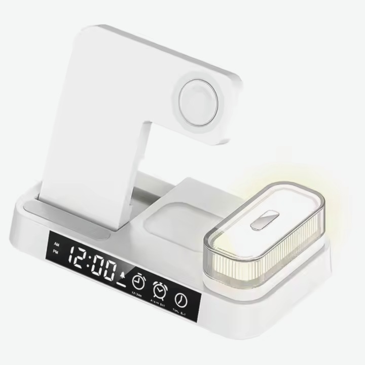 Incarcator Wireless 4 in 1 cu lumina de veghe multicolor, ceas desteptator, alarma, incarcare rapida 15W pentru iPhone, Casti si Smartwatch, Port Type-C, 30W Max Power, alb