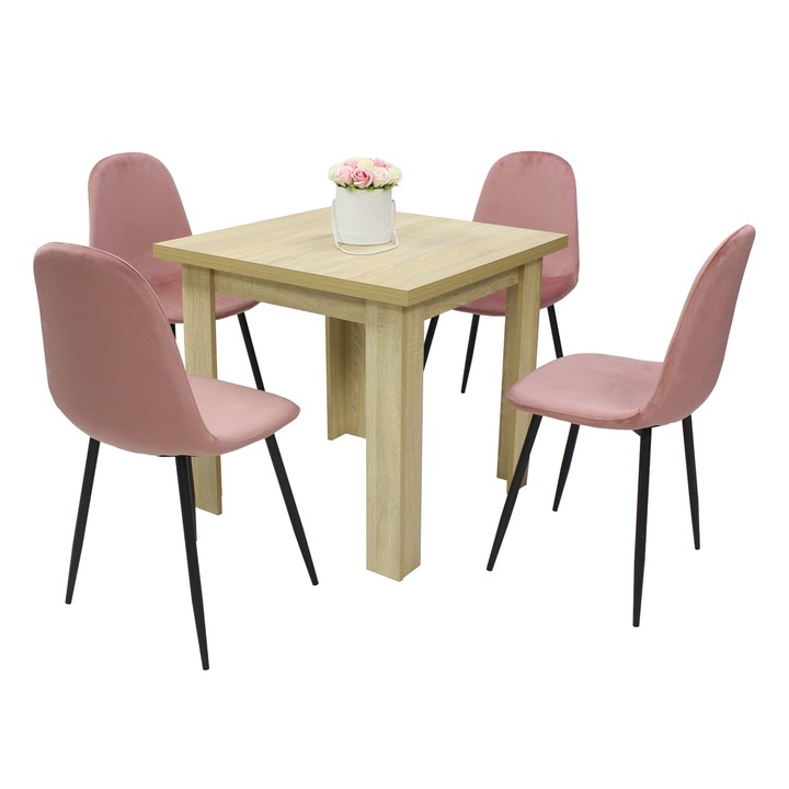Set Masa fixa Patrata Vero Stejar cu 4 Scaune Rya Roz, picioare lemn, tapiterie din material textil, patrata, blat din PAL laminat, 80x80x75 cm, Stejar/Roz