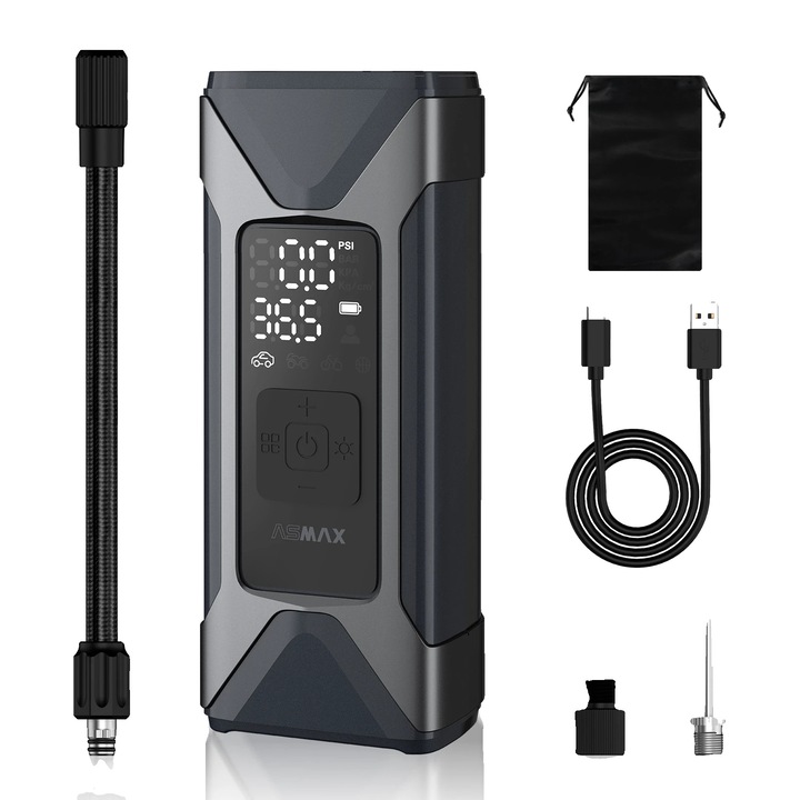 Compresor portabil pentru anvelope, presiune maxima 160 PSI, capacitate baterie 7500 mAh, 1 set T10, alimentat cu baterie