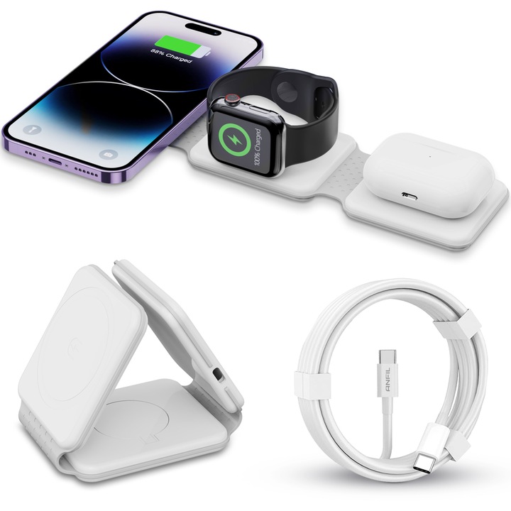 ANFIL, 3 az 1-ben összecsukható vezeték nélküli töltő – Az eredeti – 15 W-os gyorstöltő állomás, MagSafe kompatibilis iPhone 12–16, Apple Watch Ultra/8/7/6/5/4/3/2, AirPods készülékekkel, összecsukható és hordozható kialakítás, USB-C kábellel