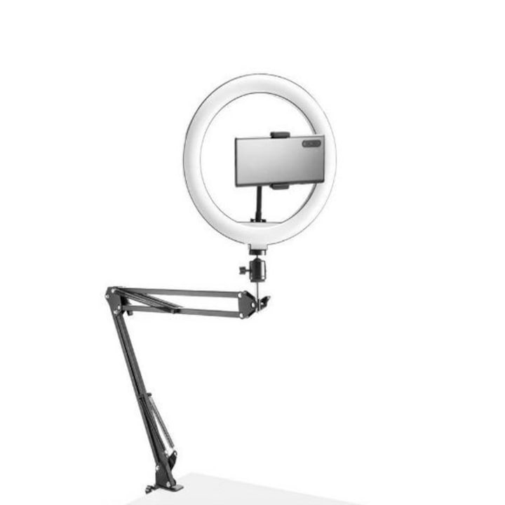 Suport telefon SkyTechs® cu ring light pentru video si live lampa circulara led SMD cu brat pantografic, diametru 25cm cu 3 moduri de lumina, 10 trepte reglaj, suport pentru telefon